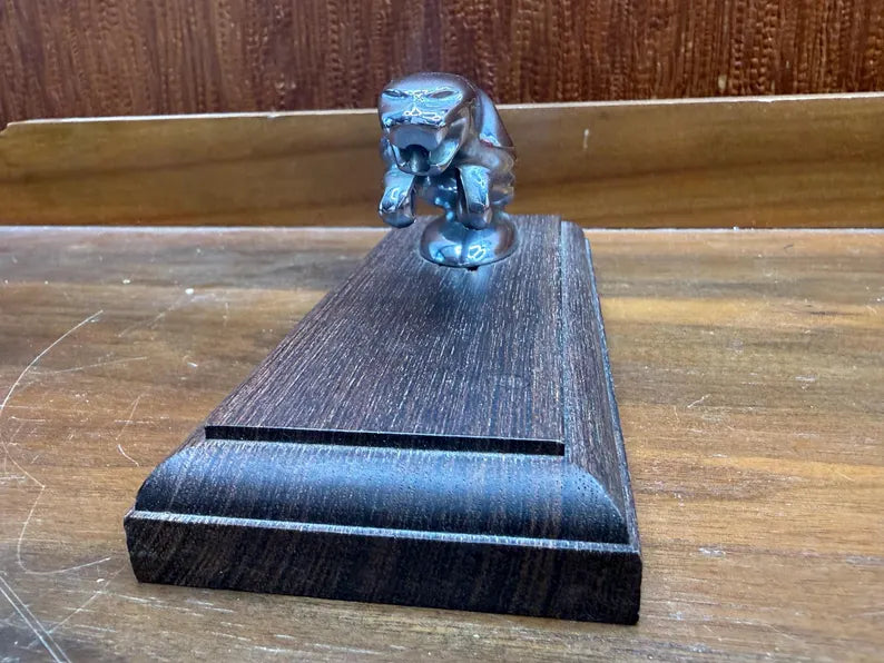 Vintage Jaguar Style Leaping Cat Hood Ornament Chrome With Wood Base