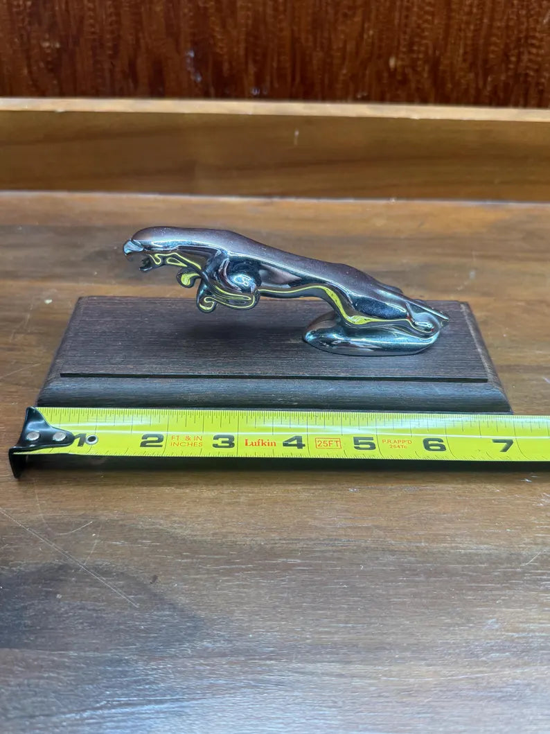 Vintage Jaguar Style Leaping Cat Hood Ornament Chrome With Wood Base