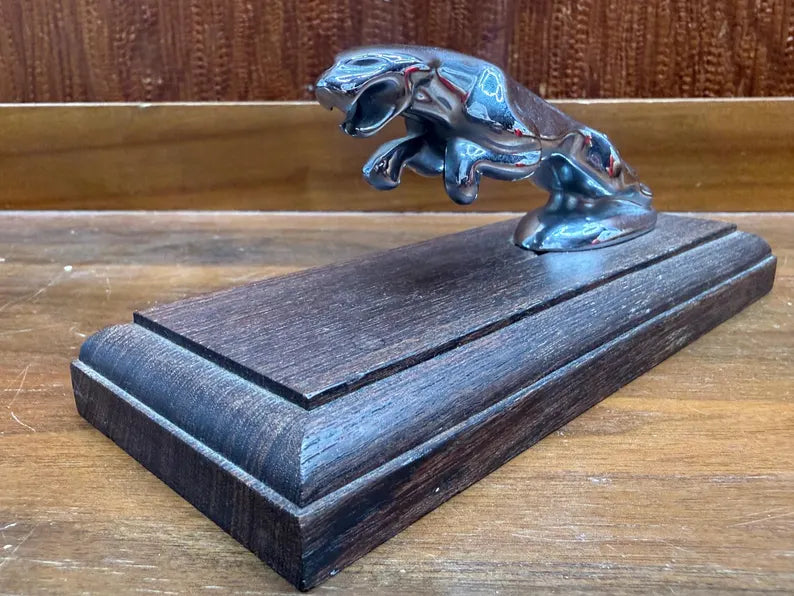 Vintage Jaguar Style Leaping Cat Hood Ornament Chrome With Wood Base
