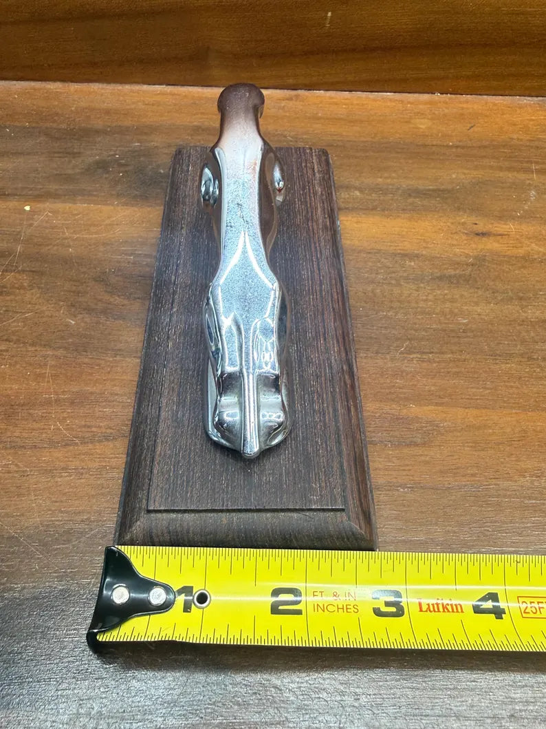 Vintage Jaguar Style Leaping Cat Hood Ornament Chrome With Wood Base