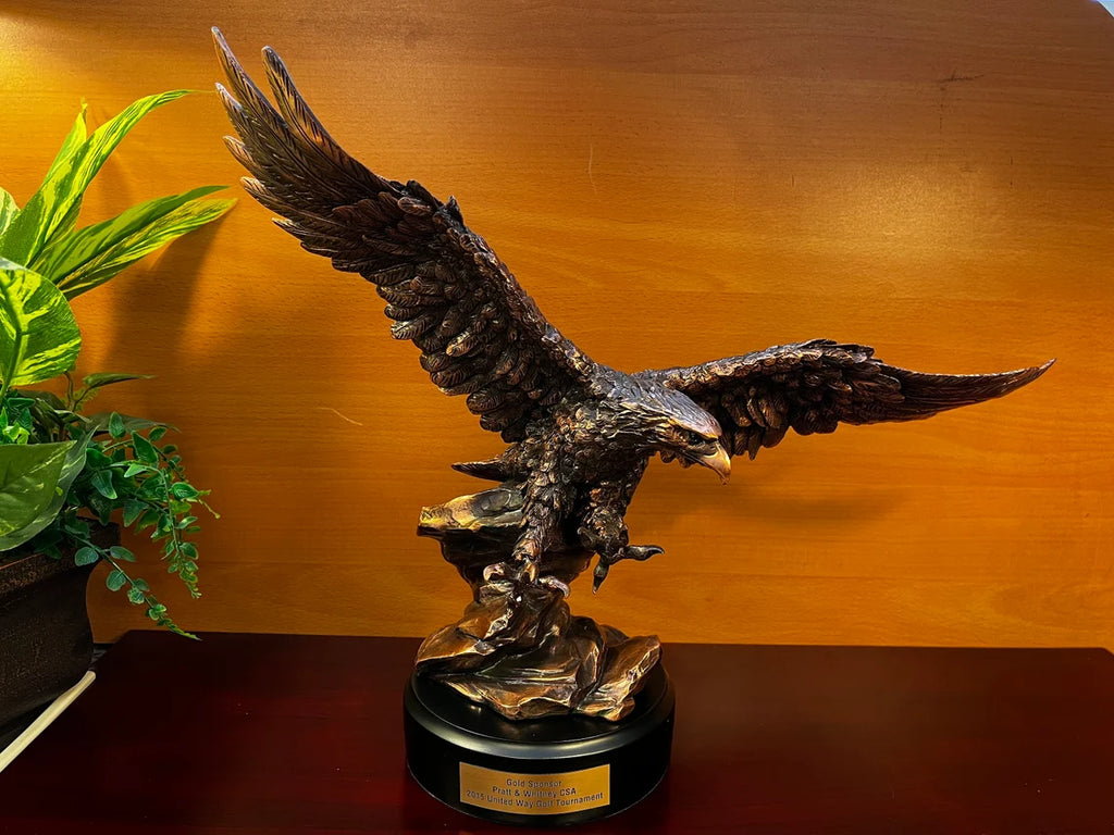 Bronze Spread Wing Eagle Sculpture On stacked Rocks With Customized Engraved Base